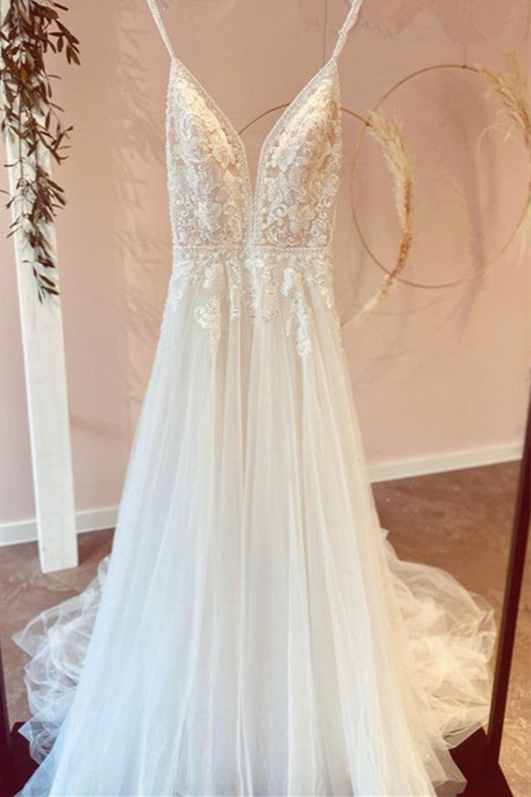 Modest V-Neck Long A-Line Tulle Wedding Dress with Spaghetti Straps and Lace Appliques