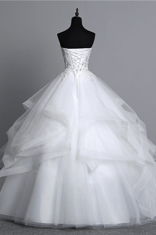 
                      
                        Long Ball Gown Strapless Tulle Layered Wedding Dress with Beaded Appliques
                      
                    