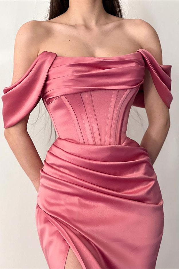 
                      
                        Dusty Rose Off-The-Shoulder Mermaid Prom Dress with Pleats and Split
                      
                    