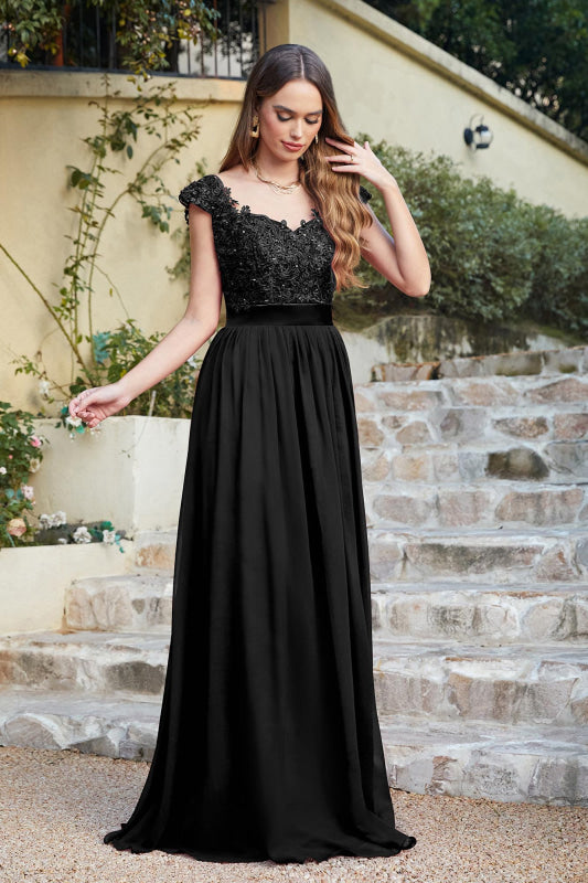 
                      
                        Elegan Cap Sleeves Lace Beadings Evening Dress Ruched Chiffon A-line Formal Dress - Black / US 2 - Prom Dresses
                      
                    