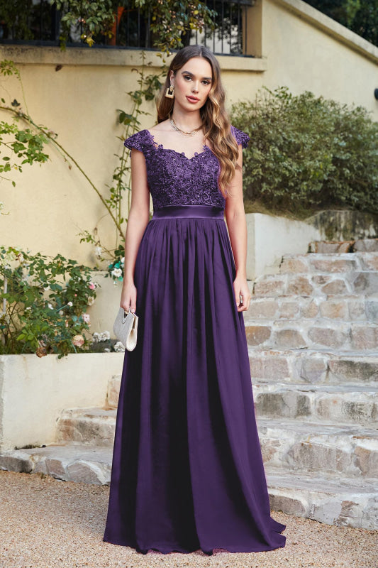 
                      
                        Elegan Cap Sleeves Lace Beadings Evening Dress Ruched Chiffon A-line Formal Dress - Regency / US 2 - Prom Dresses
                      
                    