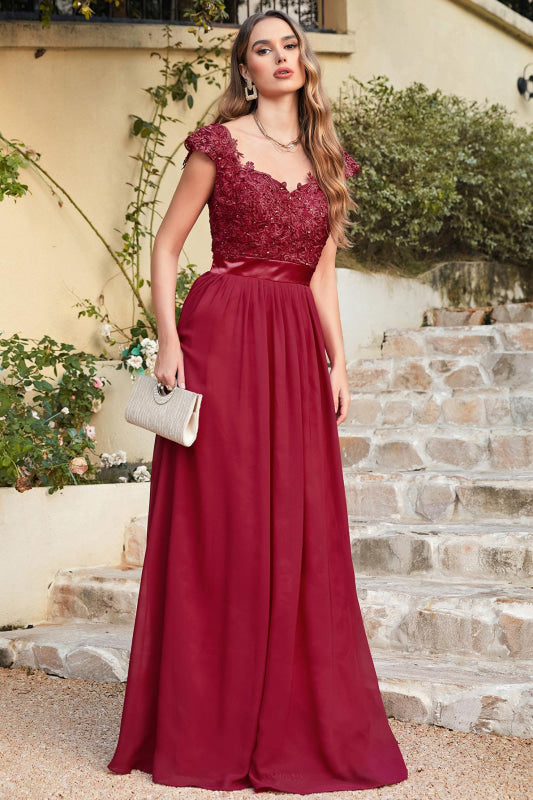 
                      
                        Elegan Cap Sleeves Lace Beadings Evening Dress Ruched Chiffon A-line Formal Dress - Burgundy / US 2 - Prom Dresses
                      
                    