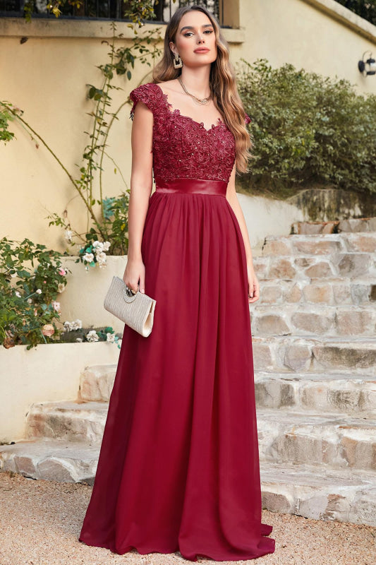 Elegan Cap Sleeves Lace Beadings Evening Dress Ruched Chiffon A-line Formal Dress - Prom Dresses