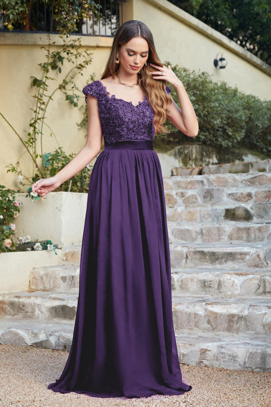 
                      
                        Elegan Cap Sleeves Lace Beadings Evening Dress Ruched Chiffon A-line Formal Dress - Prom Dresses
                      
                    