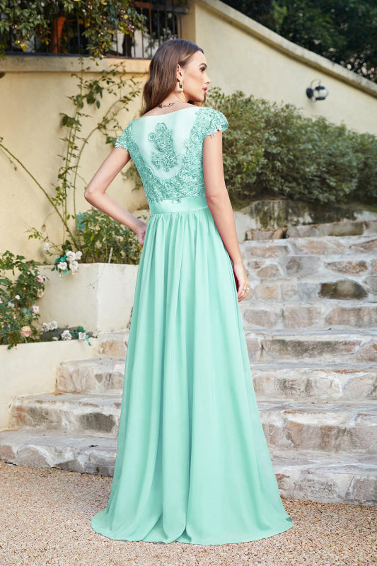 
                      
                        Elegan Cap Sleeves Lace Beadings Evening Dress Ruched Chiffon A-line Formal Dress - Prom Dresses
                      
                    