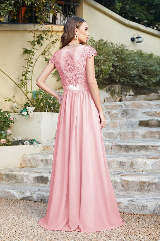 
                      
                        Elegan Cap Sleeves Lace Beadings Evening Dress Ruched Chiffon A-line Formal Dress - Prom Dresses
                      
                    