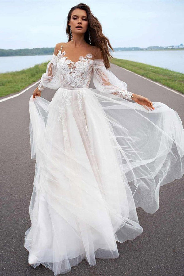 Elegant A Line Long Sleeve Tulle Wedding Dress With Lace Appliques