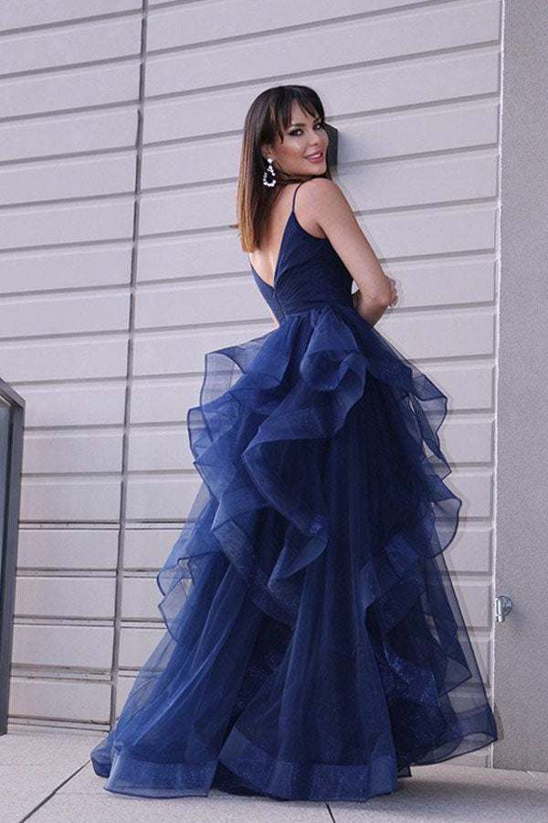 Elegant A-line Navy Blue Tulle Long Prom Dress With Ruffles