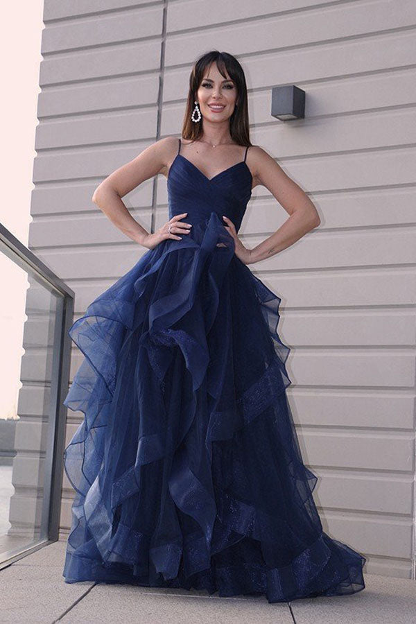 Elegant A-line Navy Blue Tulle Long Prom Dress With Ruffles