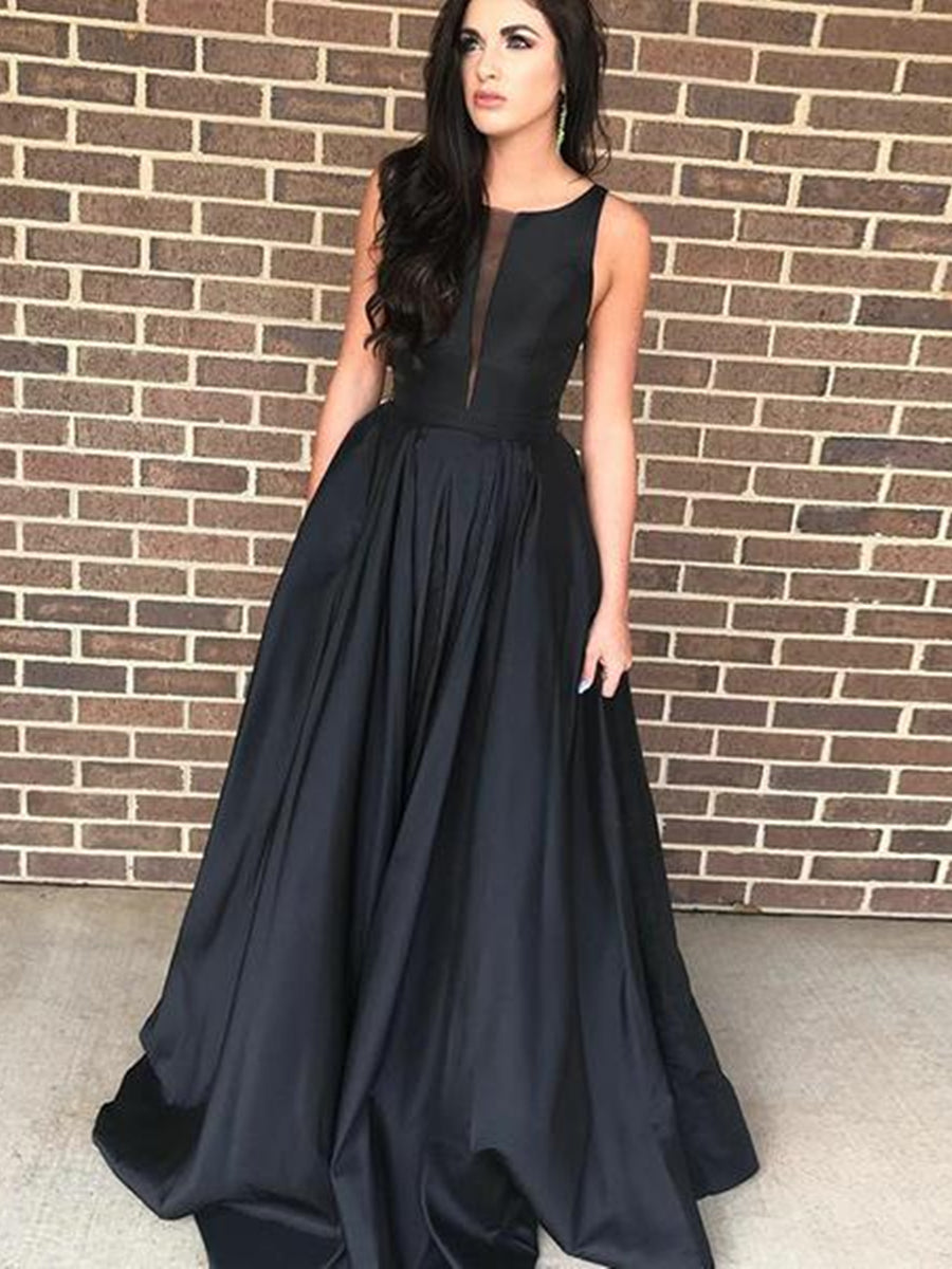 Elegant A Line Satin Black Prom Dresses, Black Formal Dresses, Black Evening Dresses