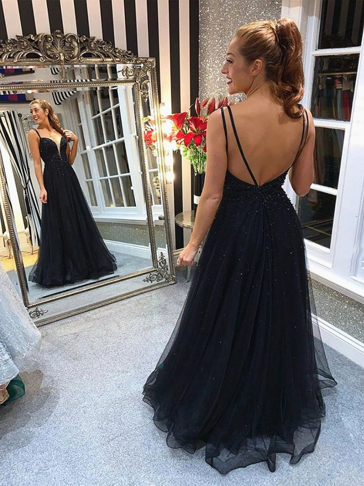 
                      
                        Elegant A Line V Neck Beaded Black Long Prom Dresses, V Neck Black Formal Graduation Evening Dresses
                      
                    