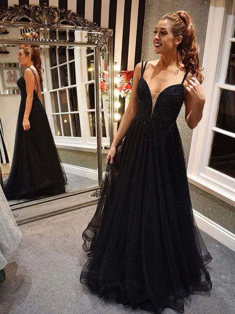 
                      
                        Elegant A Line V Neck Beaded Black Long Prom Dresses, V Neck Black Formal Graduation Evening Dresses
                      
                    