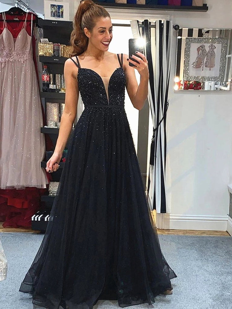 
                      
                        Elegant A Line V Neck Beaded Black Long Prom Dresses, V Neck Black Formal Graduation Evening Dresses
                      
                    