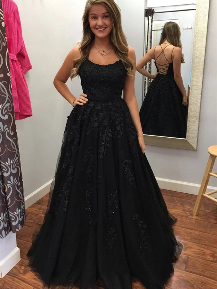 Elegant Backless Black Lace Tulle Long Prom Dresses, Backless Lace Black Formal Dresses, Black Lace Evening Dresses