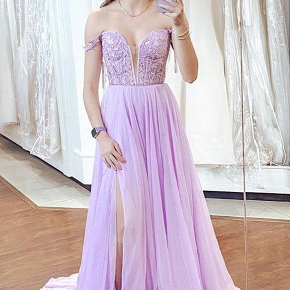 
                      
                        Elegant Blue/Purple V Neck Lace Chiffon Long Prom Dresses with High Slit, Blue/Purple Lace Formal Graduation Evening Dresses 
                      
                    