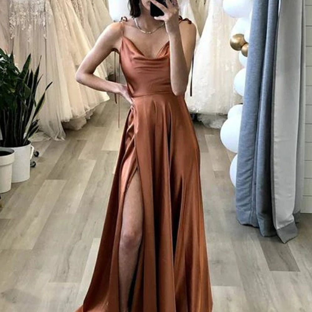 Elegant Brown Satin Long Prom Dresses with High Slit, Long Brown Formal Graduation Evening Dresses 