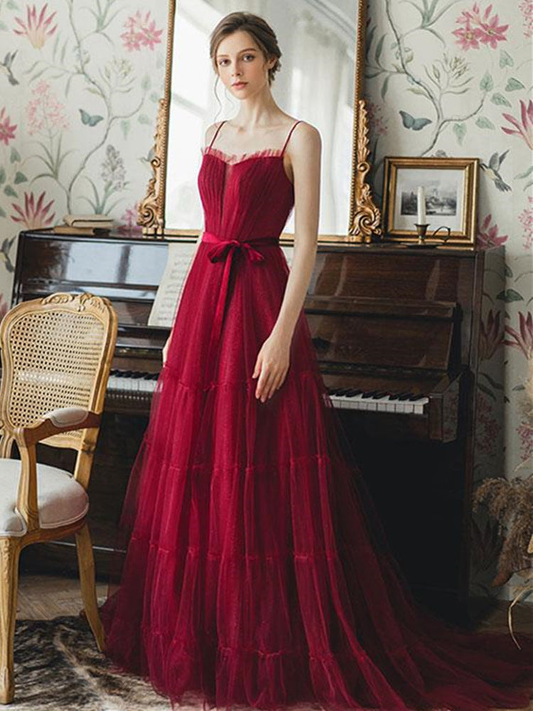 
                      
                        Elegant Burgundy Tulle Long Prom Dresses, Unique Burgundy Formal Graduation Evening Dresses
                      
                    