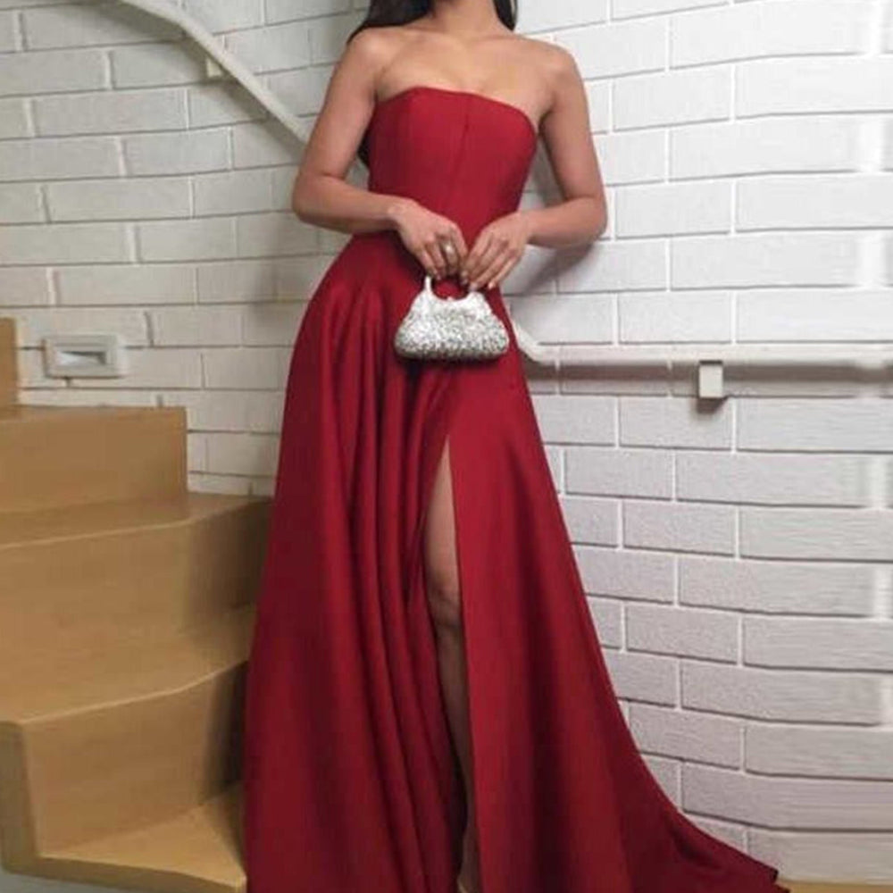 
                      
                        Elegant Dark Red Strapless Satin Long Prom Dresses with Side High Slit, Dark Red Formal Graduation Evening Dresses 
                      
                    