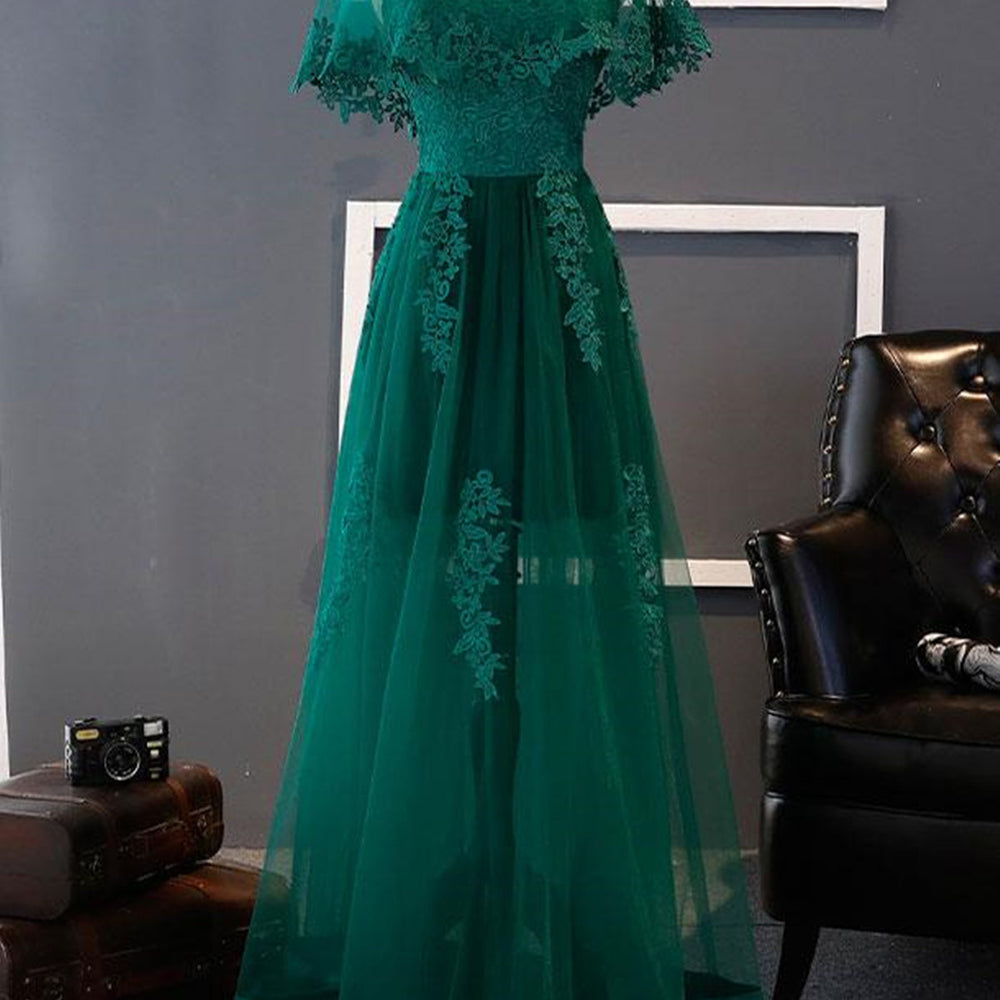 Elegant Green Lace Long Prom Dresses, Green Lace Formal Dresses, Green Evening Dresses