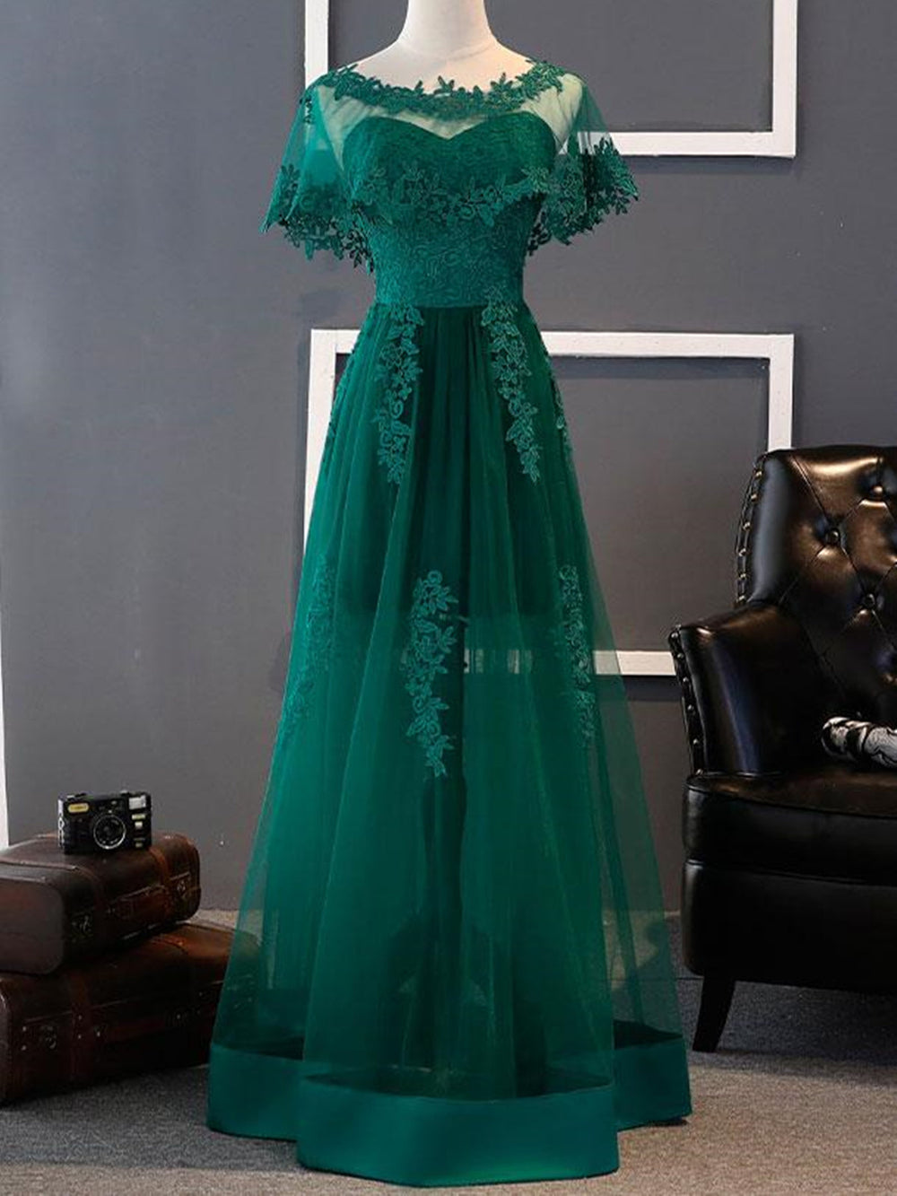 Elegant Green Lace Long Prom Dresses, Green Lace Formal Dresses, Green Evening Dresses