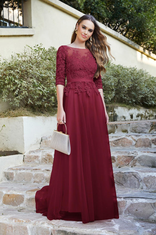 
                      
                        Elegant Half Sleeves Aline Evening Dress Jewel Neck Lace Appliques Tulle Front Split Party Dress - Burgundy / US 2 - Prom Dresses
                      
                    