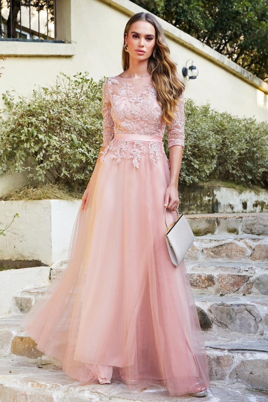 
                      
                        Elegant Half Sleeves Aline Evening Dress Jewel Neck Lace Appliques Tulle Front Split Party Dress - Nude Pink / US 2 - Prom Dresses
                      
                    