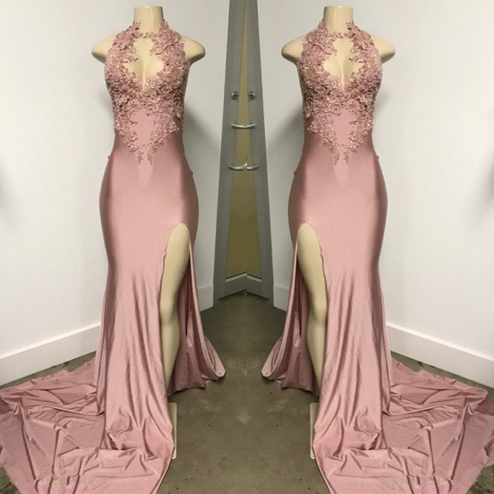 Elegant Halter Evening Dress | Lace Appliques Prom Dress With Split BC0227