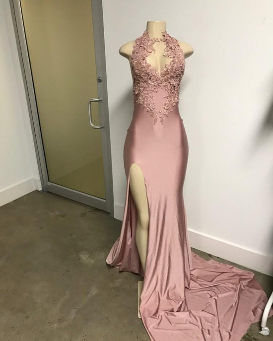 Elegant Halter Evening Dress | Lace Appliques Prom Dress With Split BC0227