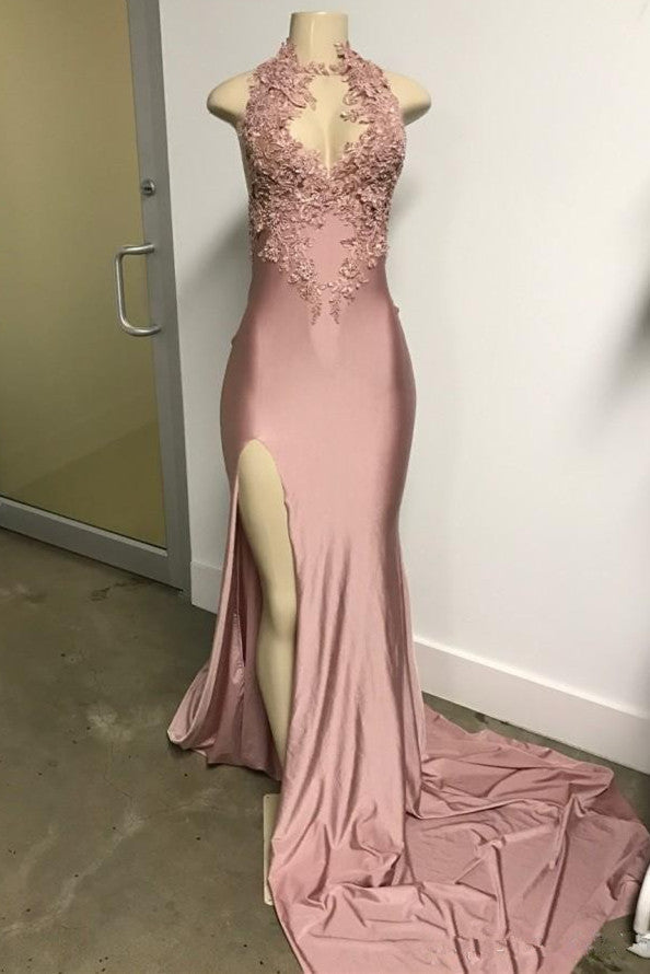 Elegant Halter Evening Dress | Lace Appliques Prom Dress With Split BC0227