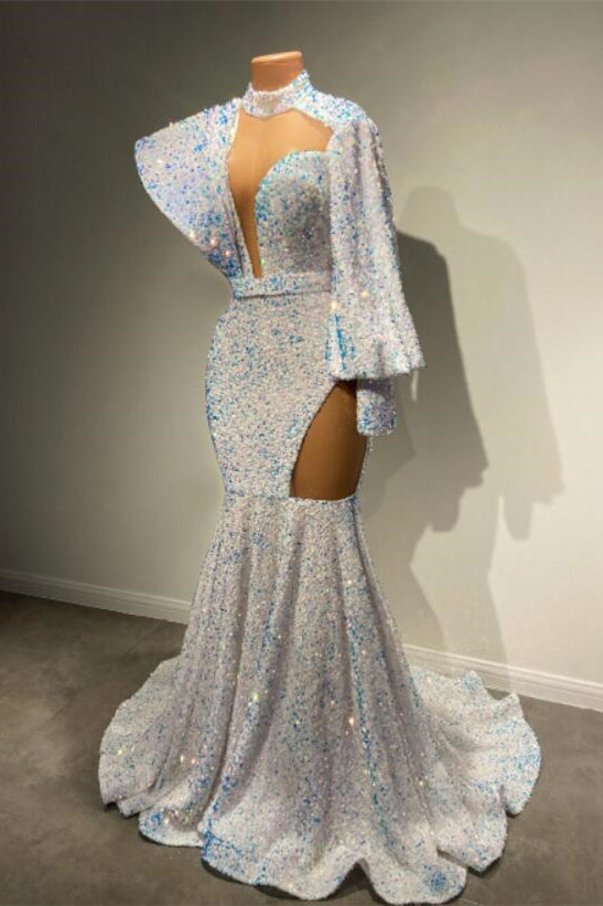 
                      
                        Elegant High Neck Long Sleeves Mermaid Prom Dress Featuring Sequins
                      
                    