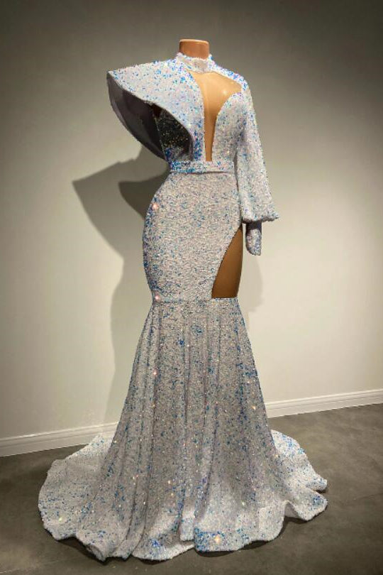 
                      
                        Elegant High Neck Long Sleeves Mermaid Prom Dress Featuring Sequins
                      
                    