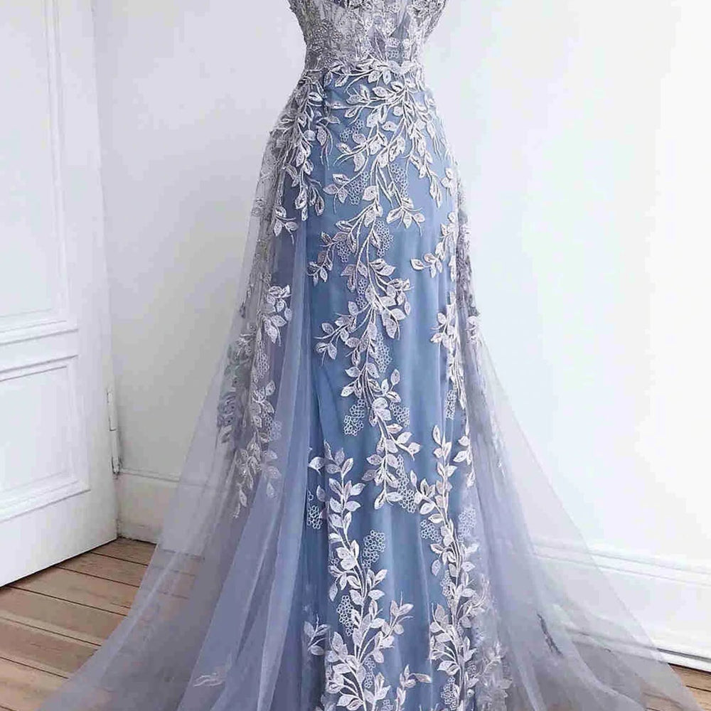 
                      
                        Elegant Mermaid Backless V Neck Blue Lace Long Prom Dresses, Mermaid Blue Formal Dresses, Blue Lace Evening Dresses 
                      
                    