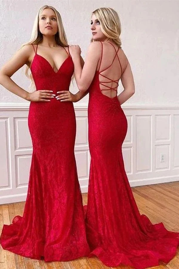 Elegant Mermaid Spaghetti Straps Red Lace Prom Dress