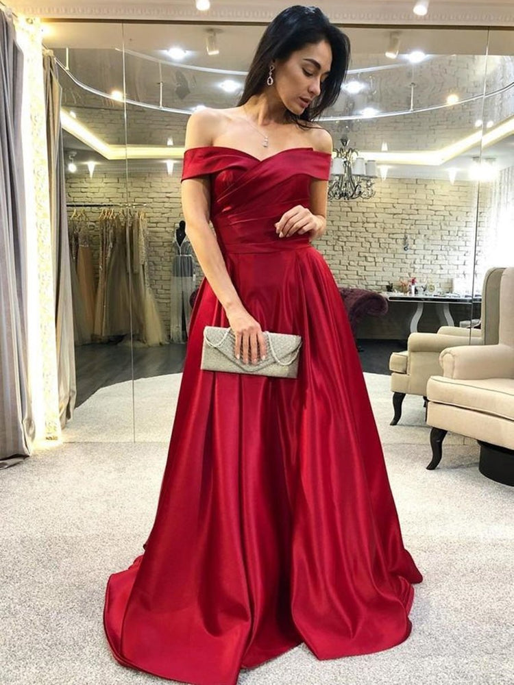 Elegant Off Shoulder Burgundy Satin Long Prom Dresses, Off the Shoulder Burgundy Formal Graduation Evening Dresses