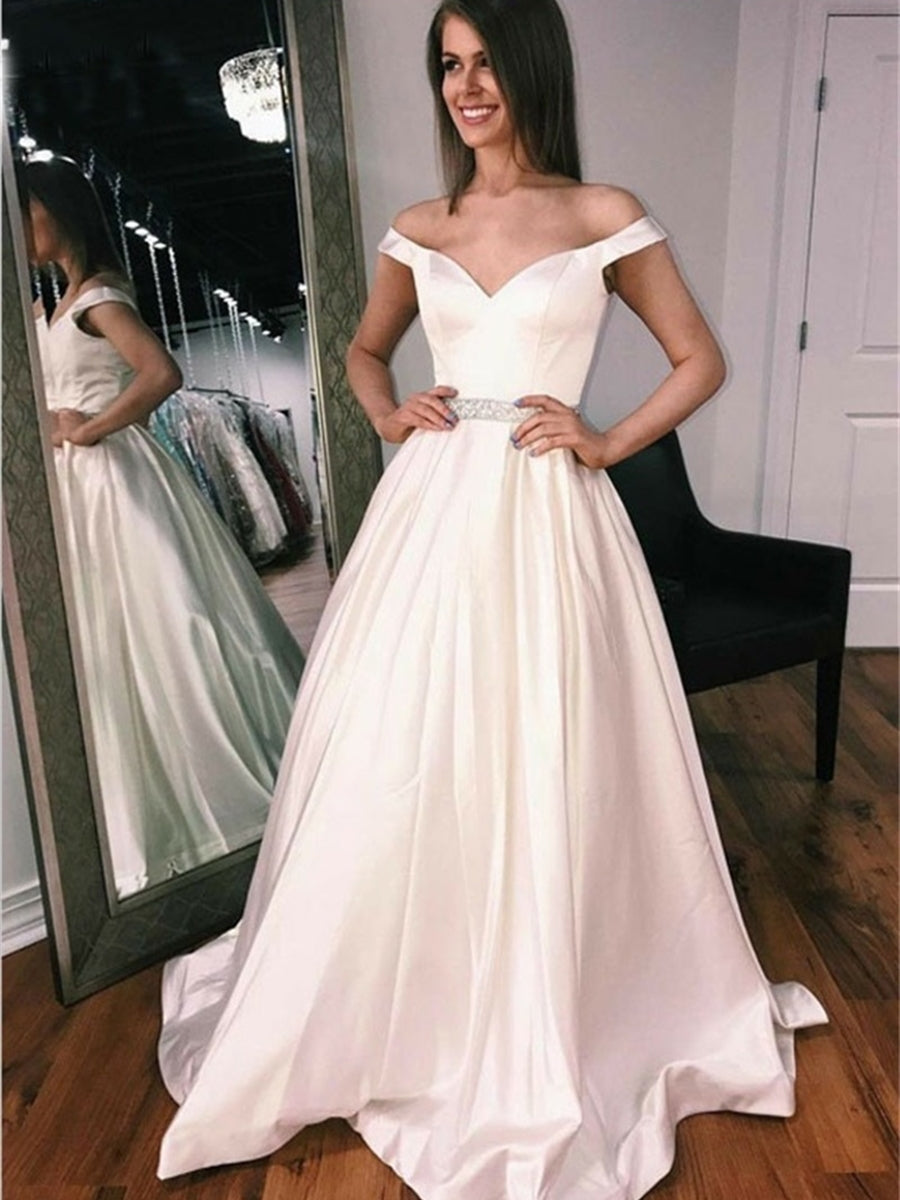 Elegant Off Shoulder Ivory Long Prom Dresses, Off Shoulder Ivory Formal Graduation Evening Dresses