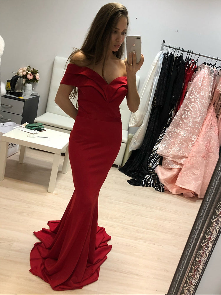 
                      
                        Elegant Off Shoulder Mermaid Long Red Prom Dresses, Off Shoulder Mermaid Red Formal Graduation Evening Dresses
                      
                    