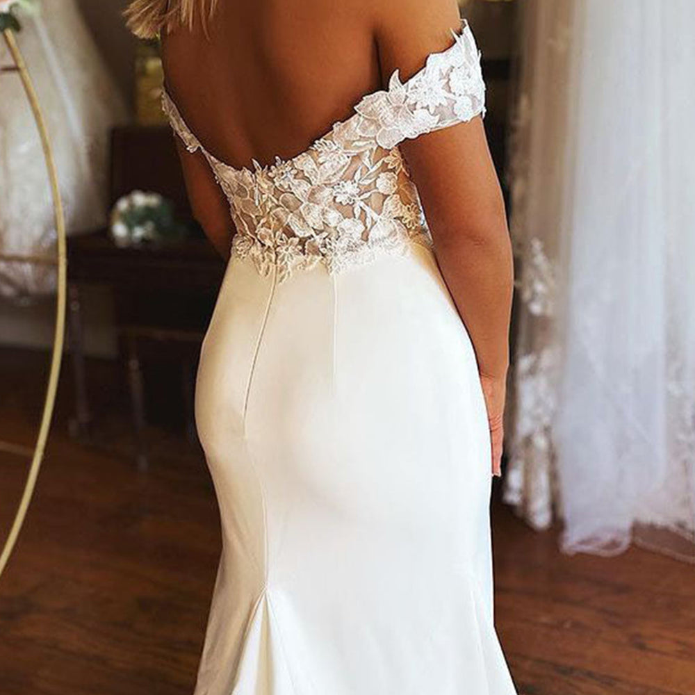 
                      
                        Elegant Off Shoulder Mermaid White Lace Long Prom Wedding Dresses, Mermaid White Formal Dresses, White Lace Evening Dresses 
                      
                    