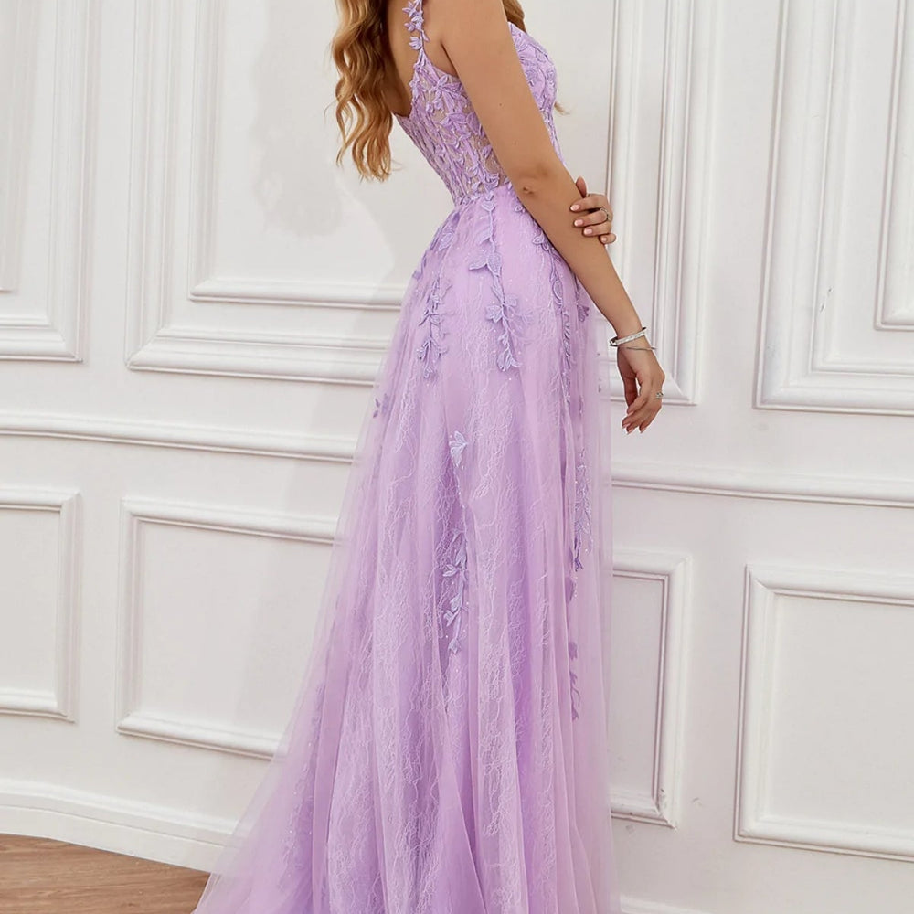 
                      
                        Elegant Off Shoulder Purple Lace Long Prom Dresses with High Slit, Lilac Lace Formal Dresses, Lavender Evening Dresses 
                      
                    