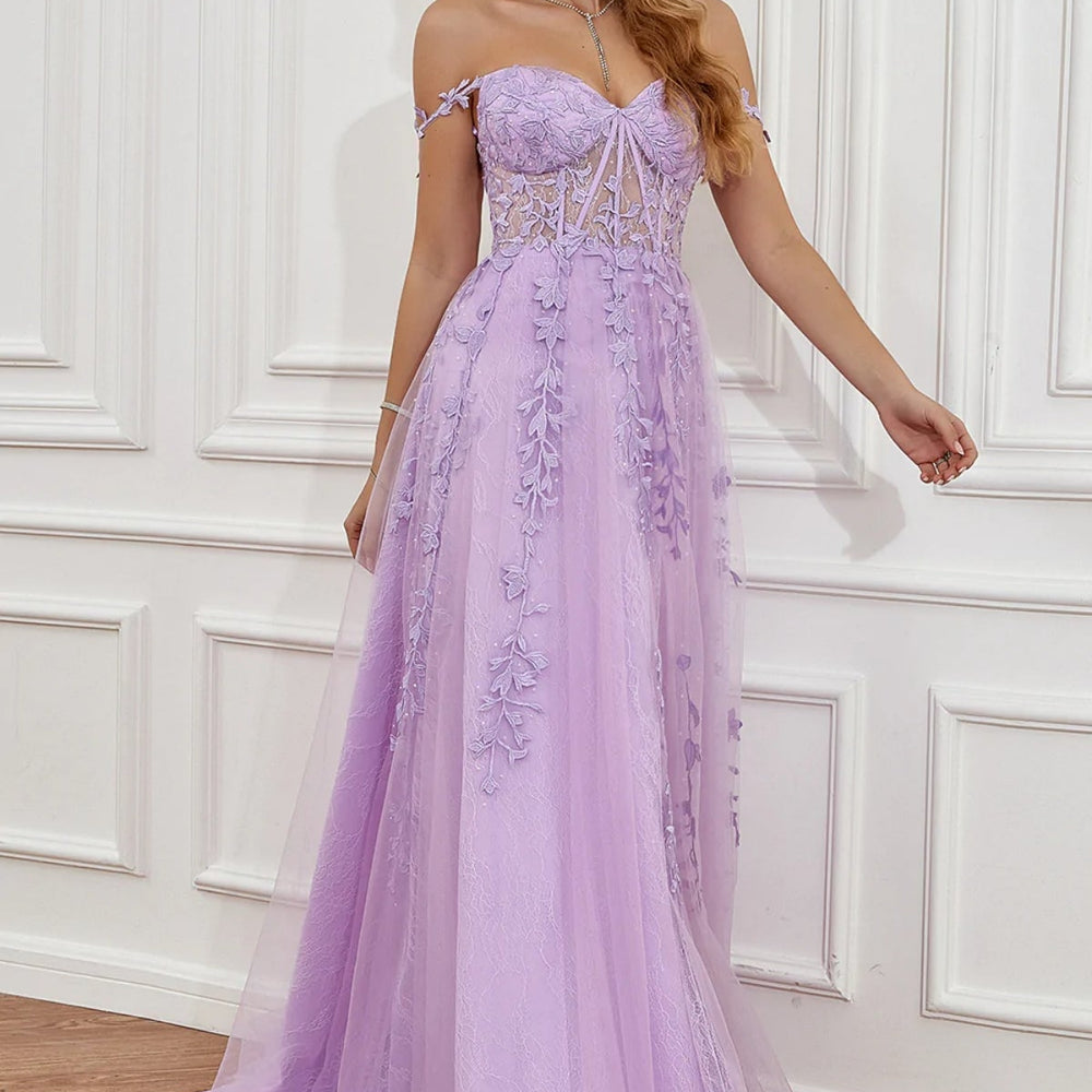 
                      
                        Elegant Off Shoulder Purple Lace Long Prom Dresses with High Slit, Lilac Lace Formal Dresses, Lavender Evening Dresses 
                      
                    