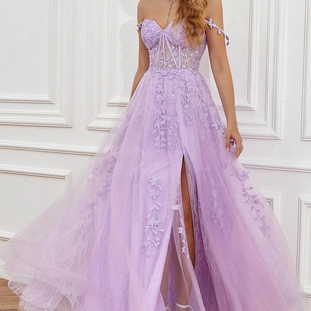 
                      
                        Elegant Off Shoulder Purple Lace Long Prom Dresses with High Slit, Lilac Lace Formal Dresses, Lavender Evening Dresses 
                      
                    