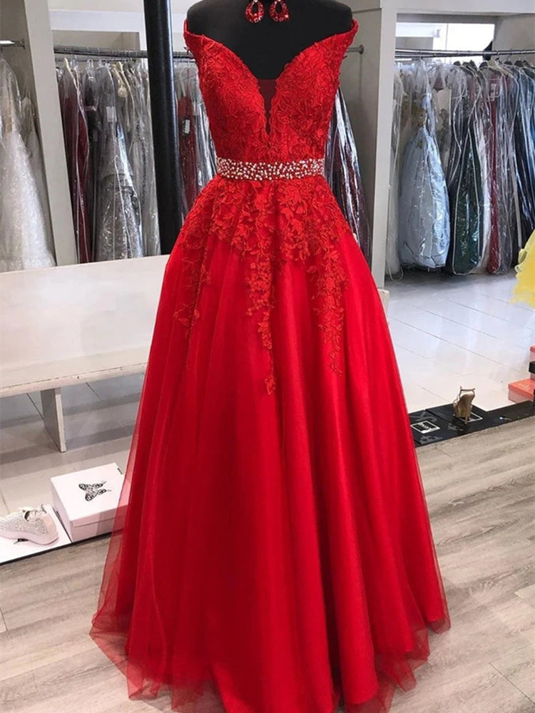 Elegant Off Shoulder Red Lace Long Prom Dresses with Belt, Off Shoulder Red Formal Dresses, Red Lace Evening Dresses