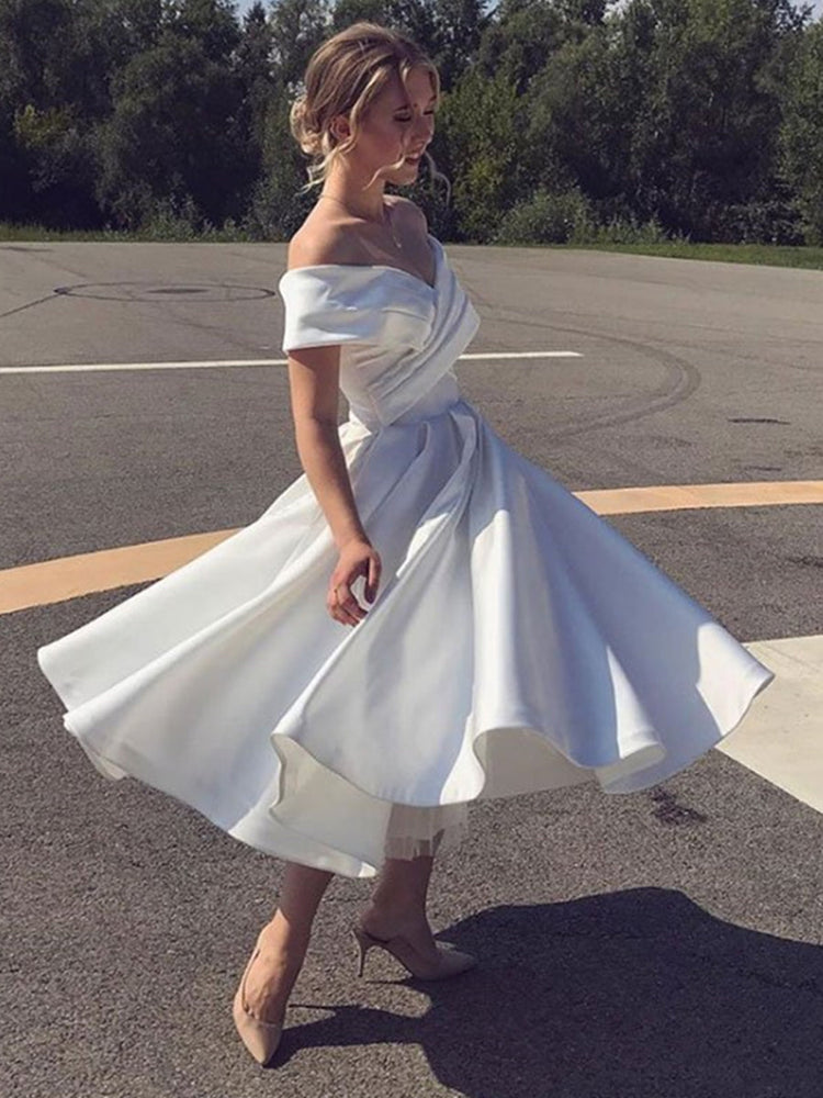 
                      
                        Elegant Off the Shoulder Tea Length White Satin Prom Dresses, Off Shoulder White Formal Graduation Homecoming Dresses
                      
                    