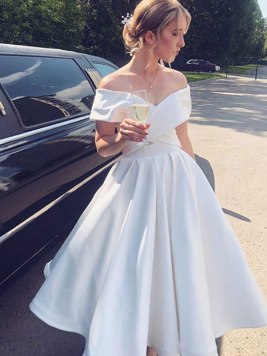 Elegant Off the Shoulder Tea Length White Satin Prom Dresses, Off Shoulder White Formal Graduation Homecoming Dresses