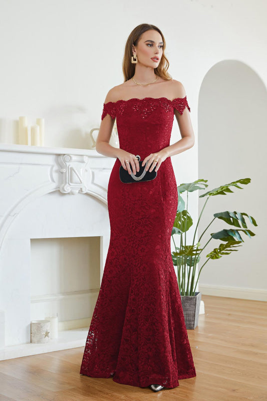 
                      
                        Elegant Off-the-Shoulder Trumpet Bridesmaid Dress Lace Long Evening Dress - Prom Dresses
                      
                    