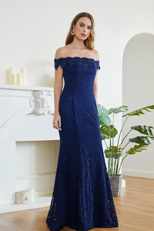 
                      
                        Elegant Off-the-Shoulder Trumpet Bridesmaid Dress Lace Long Evening Dress - Navy Blue / US 4 - Prom Dresses
                      
                    