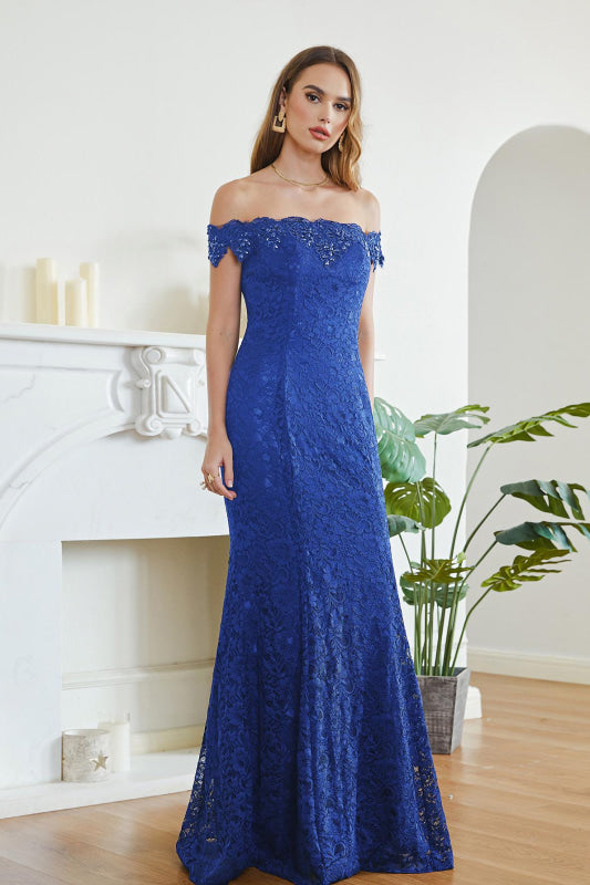 Elegant Off-the-Shoulder Trumpet Bridesmaid Dress Lace Long Evening Dress - Royal Blue / US 4 - Prom Dresses