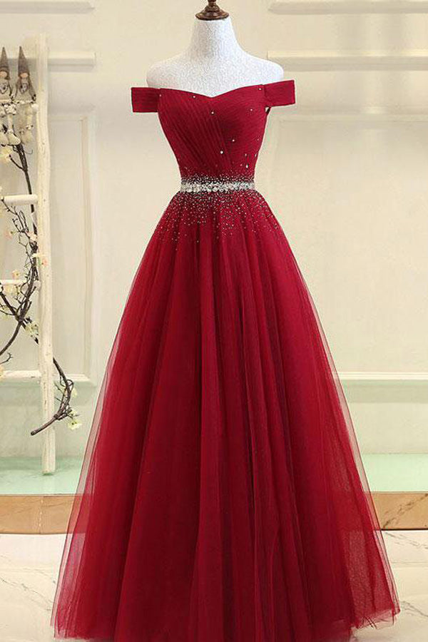 Elegant Off The Shoulder Tulle Long Prom Dress With Rhinestones