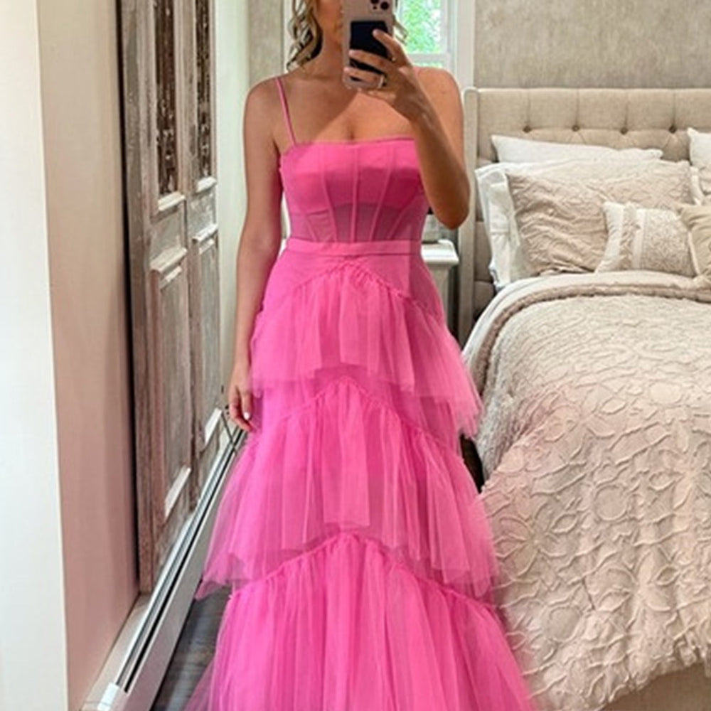 Elegant Open Back Layered Hot Pink Tulle Long Prom Dresses, Hot Pink Tulle Formal Graduation Evening Dresses 