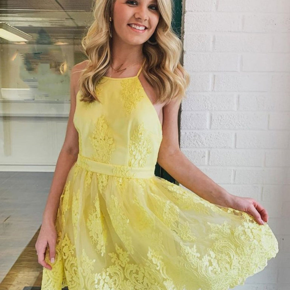 
                      
                        Elegant Open Back Yellow Lace Short Prom Dresses, Yellow Lace Homecoming Dresses, Yellow Formal Evening Dresses
                      
                    