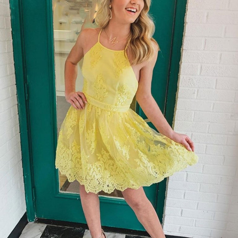 
                      
                        Elegant Open Back Yellow Lace Short Prom Dresses, Yellow Lace Homecoming Dresses, Yellow Formal Evening Dresses
                      
                    